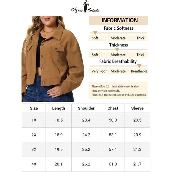 Plus Size Lightweight Cropped Shacket Button Down Corduroy Shacket Jackets Brown - Picture 6 of 6